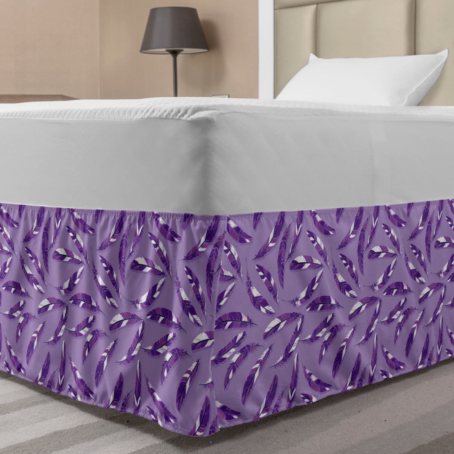 Dark Purple Bed Skirt, Delicate Feathers Interpretation on Plain