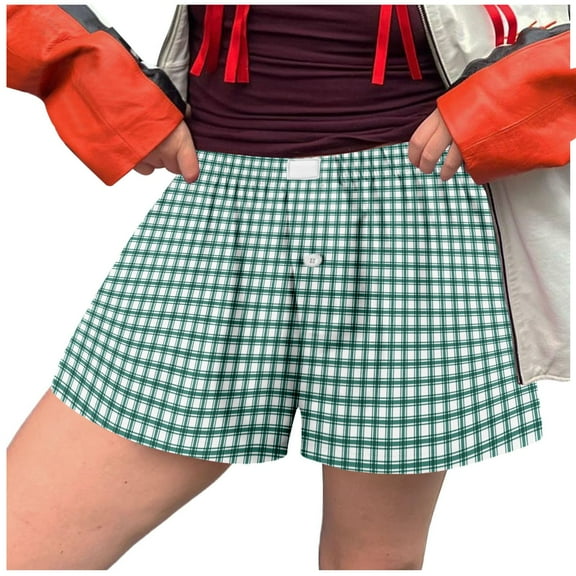 Womens Plaid Print Boxer Shorts Casual Summer Cotton Pajama Loungewear Sleep Pj Plaid Shorts Y2K Beach Bottoms