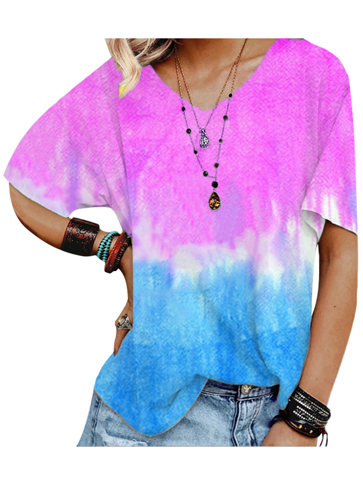 Plus Size Womens V Neck Rainbow Gradient Tops Tie-dye Short Sleeve Summer Casual