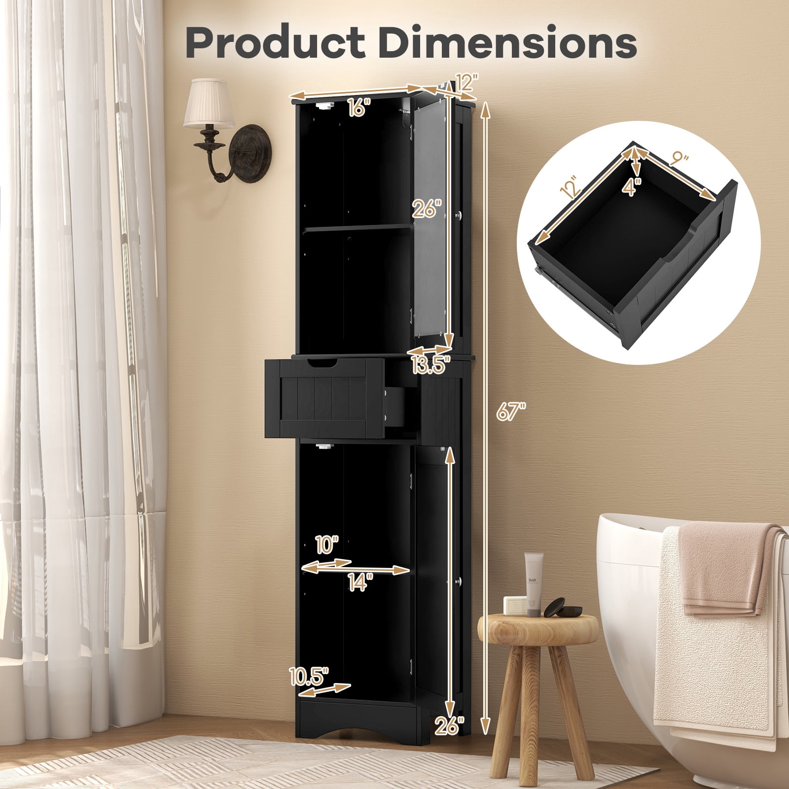 Giantex Tall Bathroom Storage Cabinet, Narrow Slim Linen Tower, Freestanding Floor Cabinet, Black
