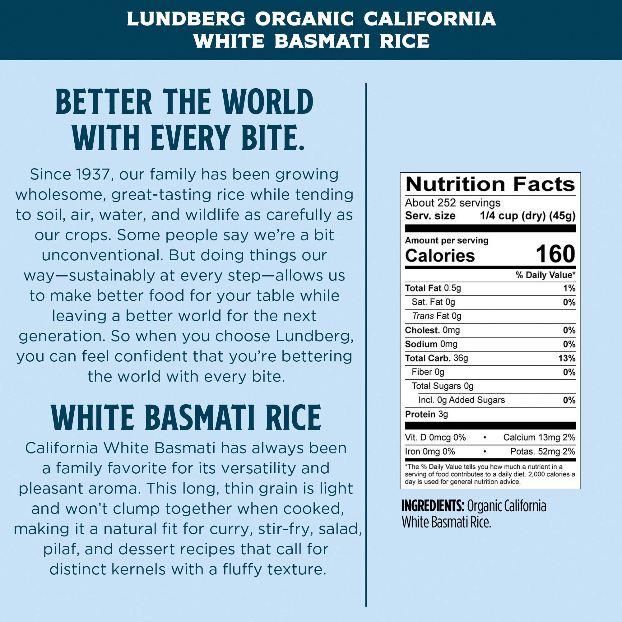 Lundberg Family Farms - Organic California White Basmati Rice, Pleasant Aroma, Fluffy Texture, Won't Clump When Cooked, Bulk Rice, Gluten-Free, Non-GMO, USDA Certified Organic, Vegan, Kosher (25 lb)