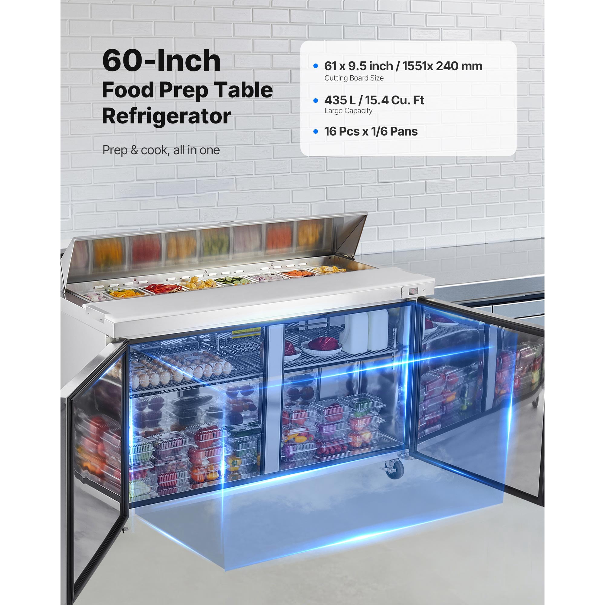 KFFKFF 60"W Commercial Refrigerator, 15.4 Cu. Ft Sandwich Prep Table, Mega Top Food Prep Fridge with 16 Pans and Cutting Board, Stainless Steel Salad Prep Cooler for Restaurant and Food Truck