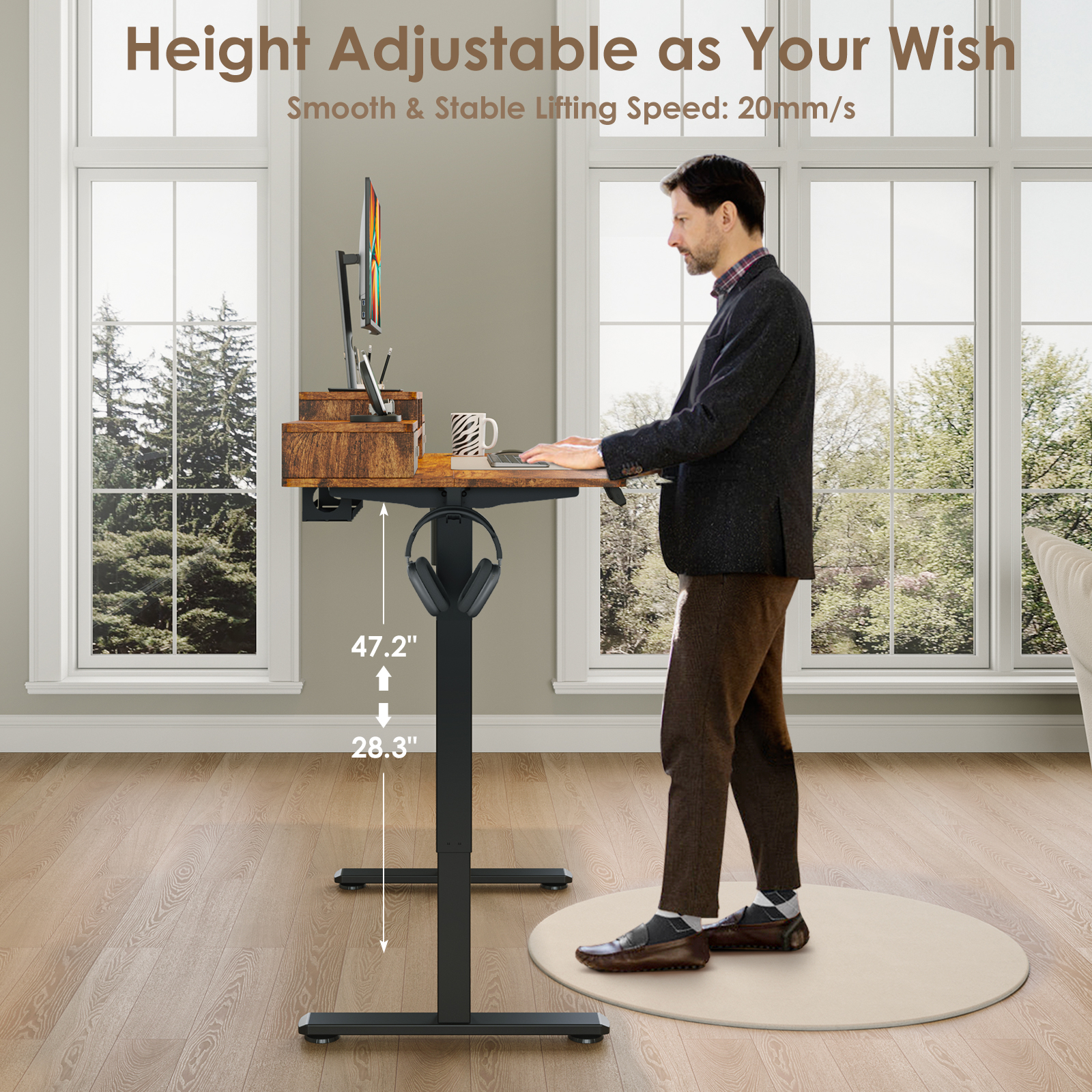 Erinnyees 48" x 24" Electric Standing Desk with 2 Drawers & Storage Shelf, Adjustable Height Sit Stand Computer Desk for Home Office