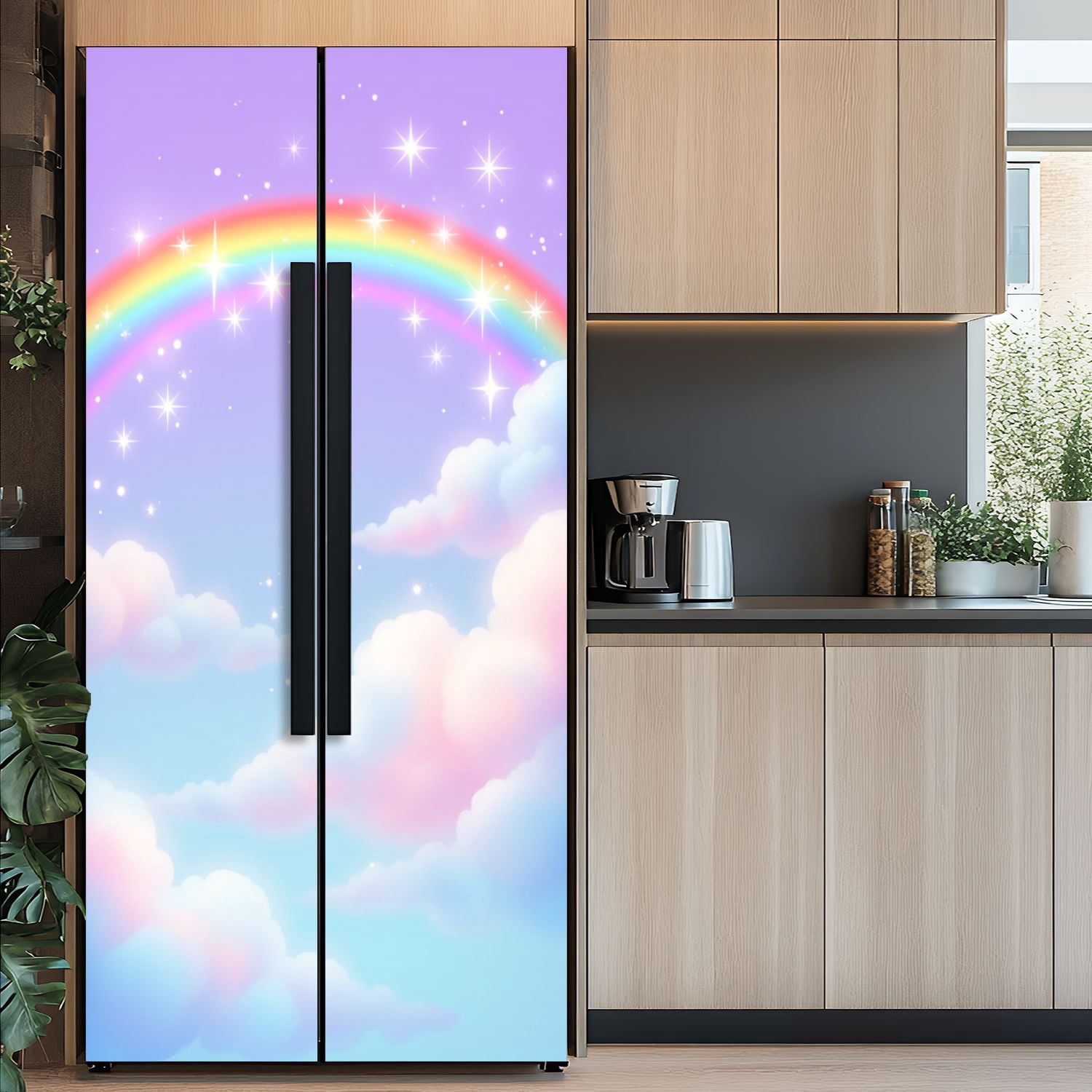 Self Adhesive Vinyl Refrigerator Wrap Set Rainbow Soft Pastel Clouds Sparkling Stars Door Mural Removable Fridge Sticker Peel and Stick&nbsp;Full Door Cover Decal Kitchen Bar Decor