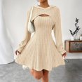 thumbnail image 2 of CharmCyan Women’s Ribbed Knit Long Sleeve Hooded Dress with Cutout Detail and Flared Skirt Casual Pullover Style Comfortable Fit Beige L, 2 of 7