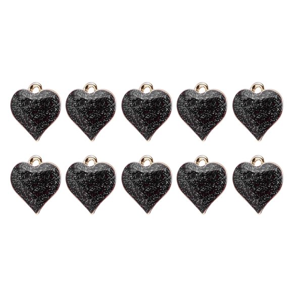 10 piezas de dijes de corazón esmaltados con purpurina para hacer pendientes y accesorios de joyería. Negro