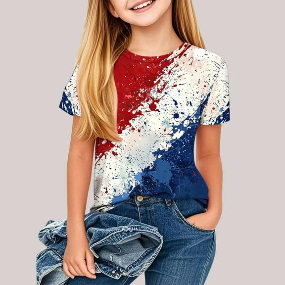 Children's Fourth Of July Short Sleeved T-Shirt Independence Day Printed Pattern Shirt Cute Round Neck Half Sleeved Casual Versatile Top Blue 7-8 Years