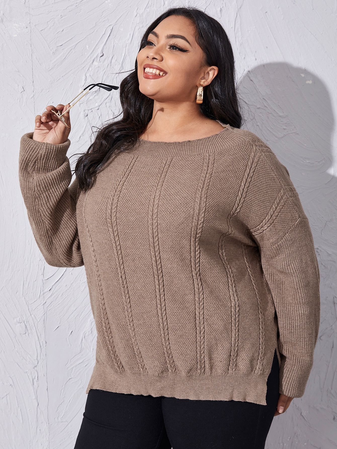 drop shoulder cable knit sweater