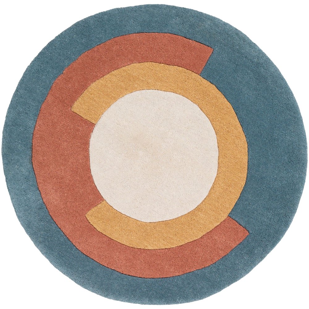 3' Geometric Patterned Teal Blue and Orange Hand Tufted Round Wool Area Throw Rug