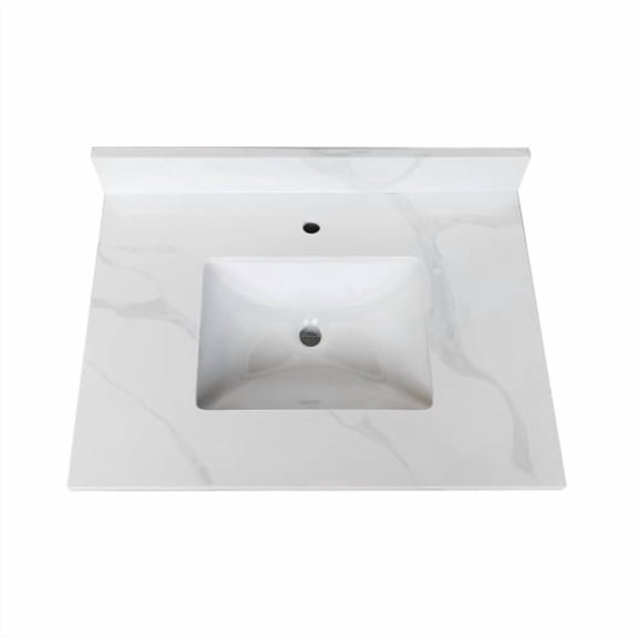 30 Inch White Quartz Bathroom Vanity Top, Bathroom Vanity Top with Undermount Single Bowl Middle Sink, 4 Inch High Backsplash, Single Pre-Drilled Faucet Hole Vanity Sink Top