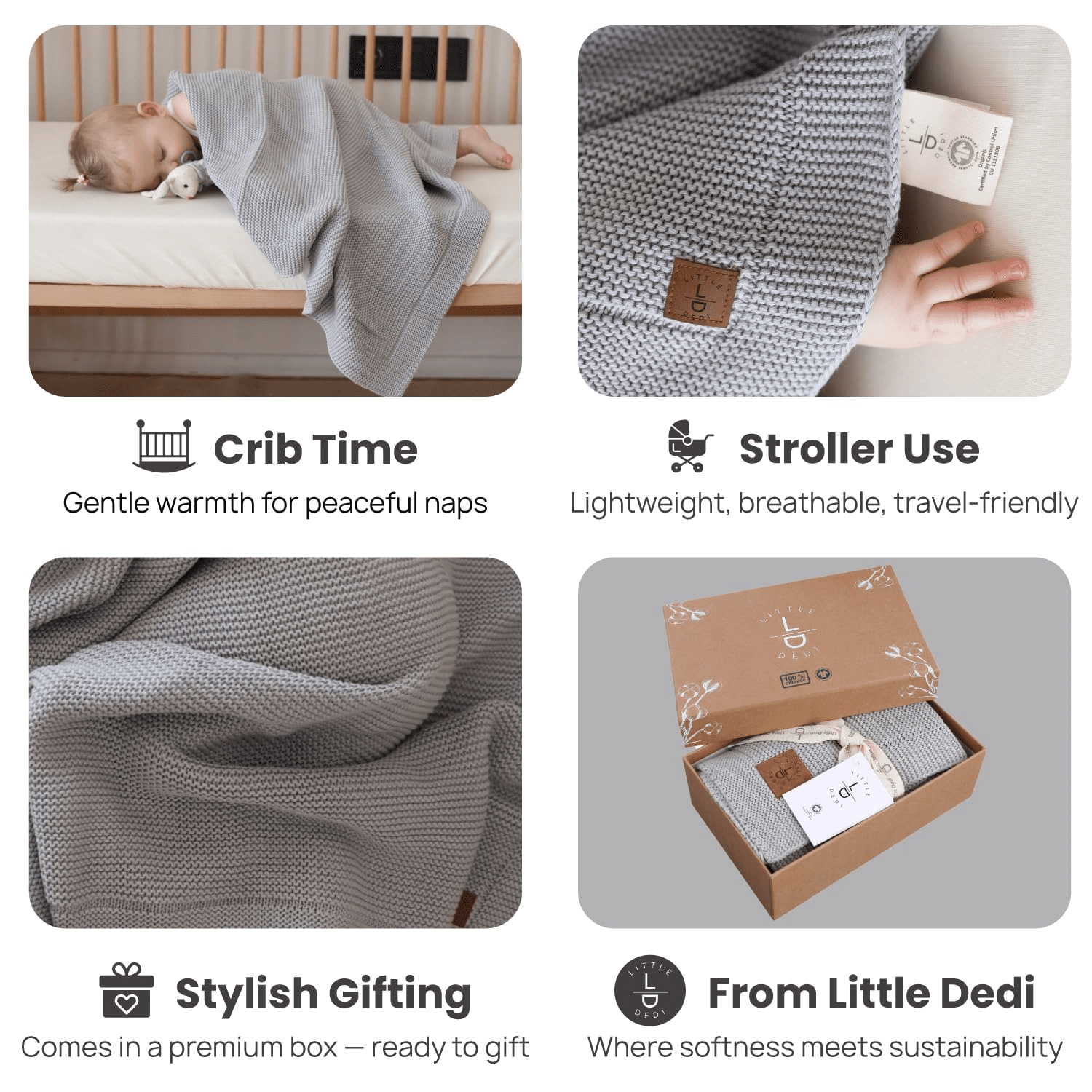 Little Dedi 100% Organic Cotton Baby Knitted Blanket with Gift Box - Soft Toddler, Crib, Stroller Blanket - Neutral Swaddle and Receiving Blanket for Newborns, 30"x40", Harbor Mist