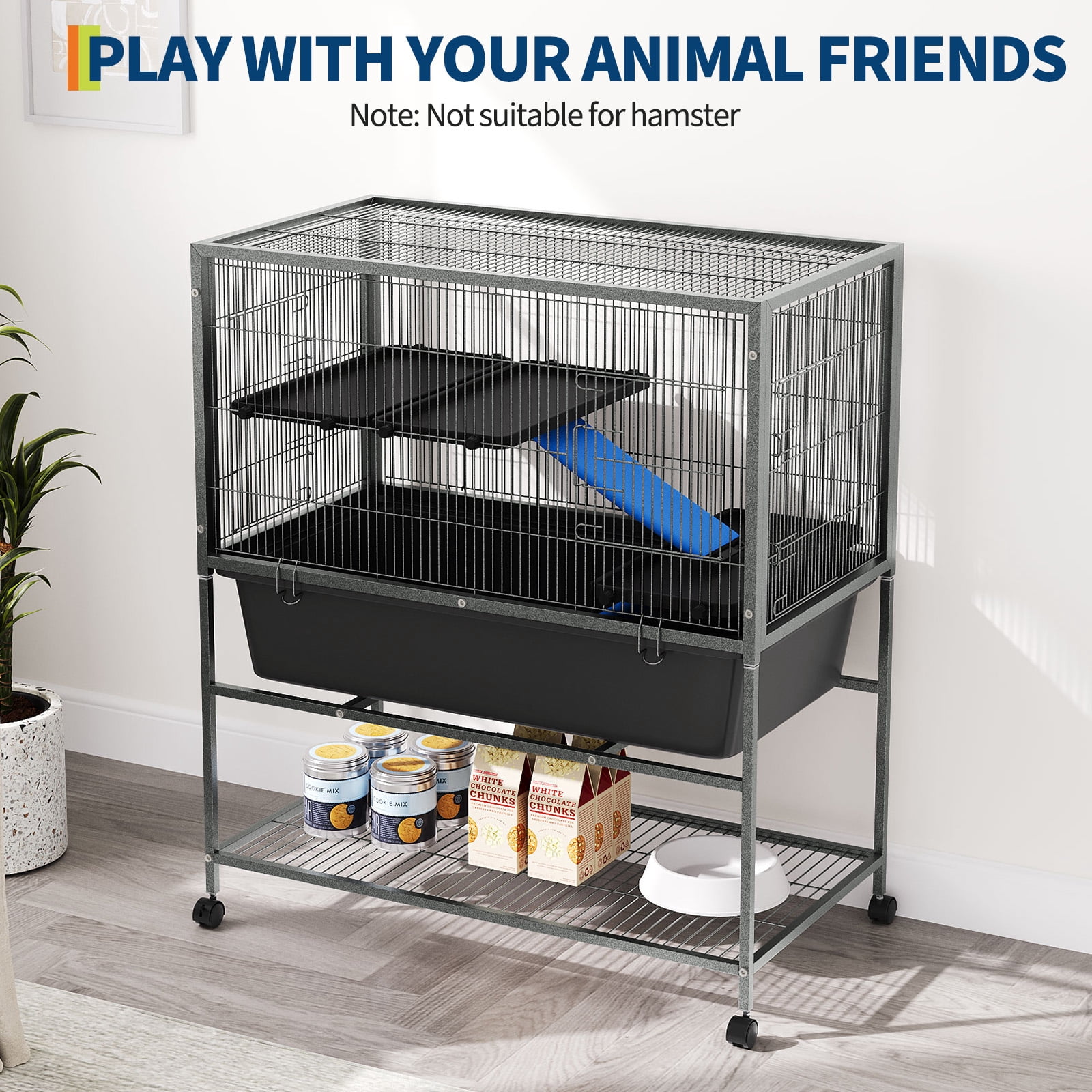 40.4" Large Ferret Nation Cage - with 3 Removable Platforms, Deep Tray & Storage Shelf, Metal Small Animal Cage on Wheels for Chinchillas, Rabbits, Guinea Pigs & Sugar Gliders