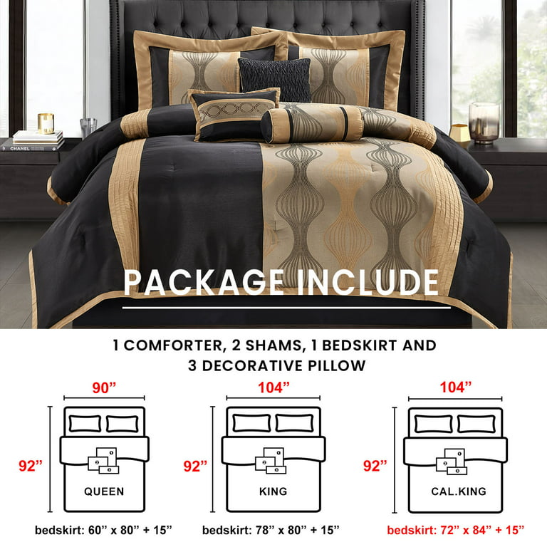 Lanco Elegant Black and Gold Comforter Set, Striped, 7 Pieces