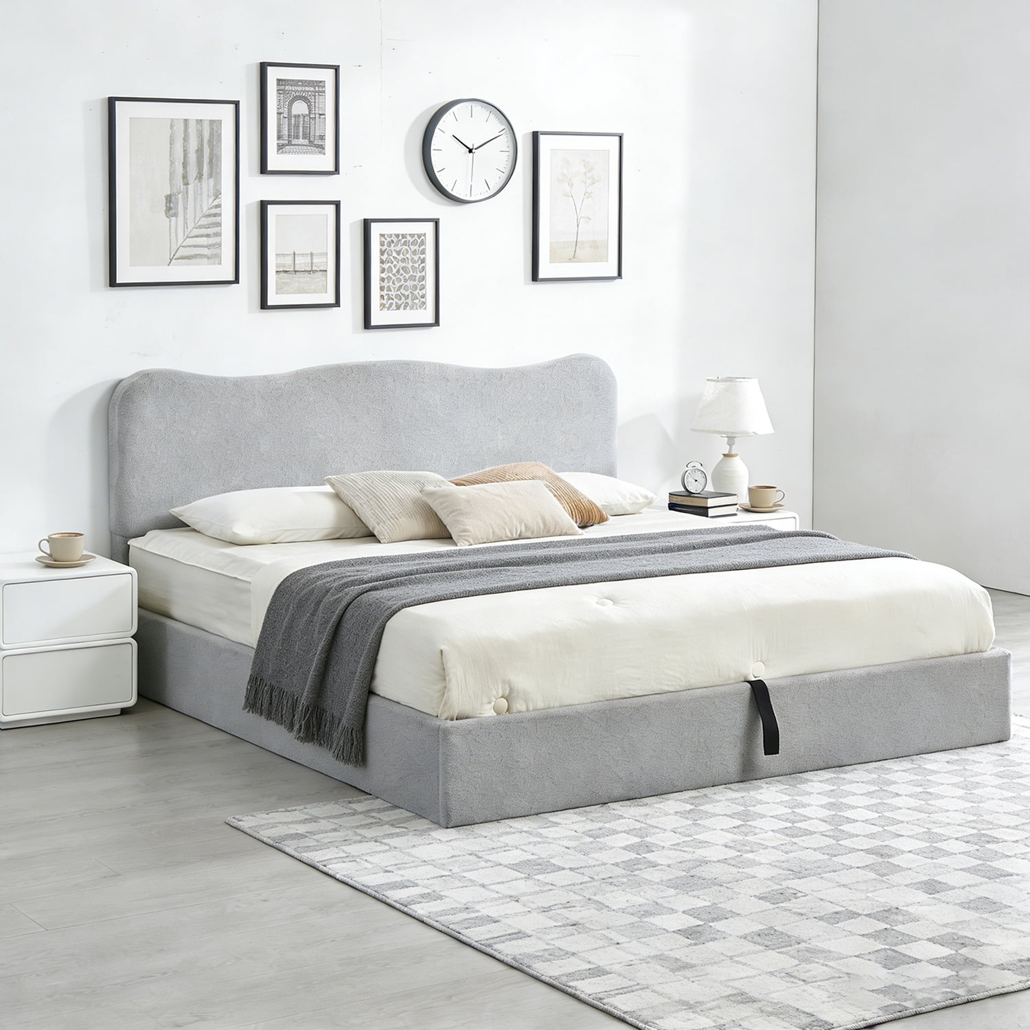 King Size Bed Frame with Lift Up Storage, Boucle Upholstered Platform Bed with Curved Headboard, No Box Spring Needed, Hydraulic Storage, Light Grey