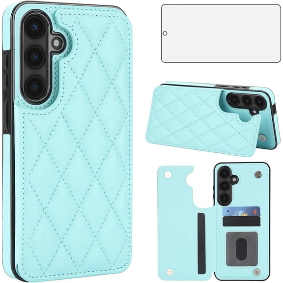 HCTian Phone Case for Samsung Galaxy S24 FE 5G Wallet Cover with Tempered Glass Screen Protector and Leather RFID Credit Card Holder Stand Slot Cell Accessories S 24 EF AI S24FE 24S Women Men