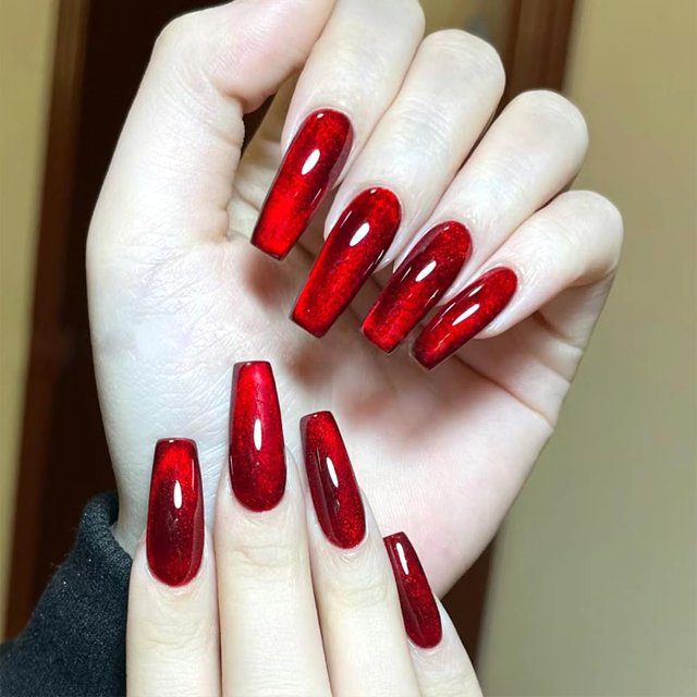 Red Press on Nails Extra Long Fake Nails 24Pcs Square False Nails with Sparm Cat Eye Designs Acrylic Nails Press ons Artificial Nails Stick on Nails for Women