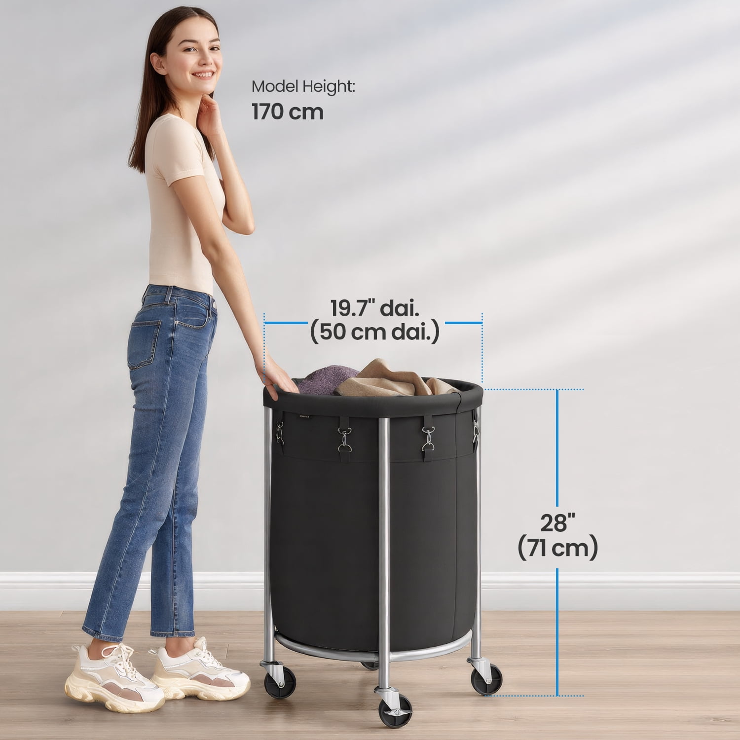 LEDREM 29-Gal Rolling Laundry Hamper with Wheels, Steel Frame & Removable Bag, 4 Casters (2 Brakes), Black and Silver