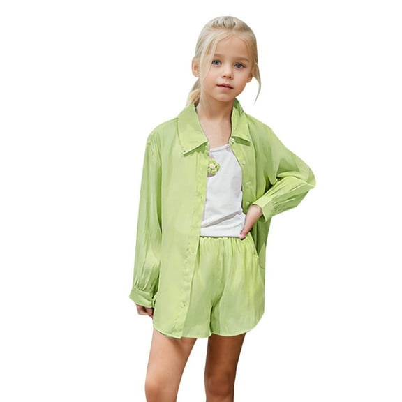 Ediodpoh Outfits Sets for Girls Kids Girl Summer Clothes Long Sleeve Button Down Shirt Coat Tank Tops Shorts 3PCS Outfits Set Kids Clothing Set Green 3-4 Years