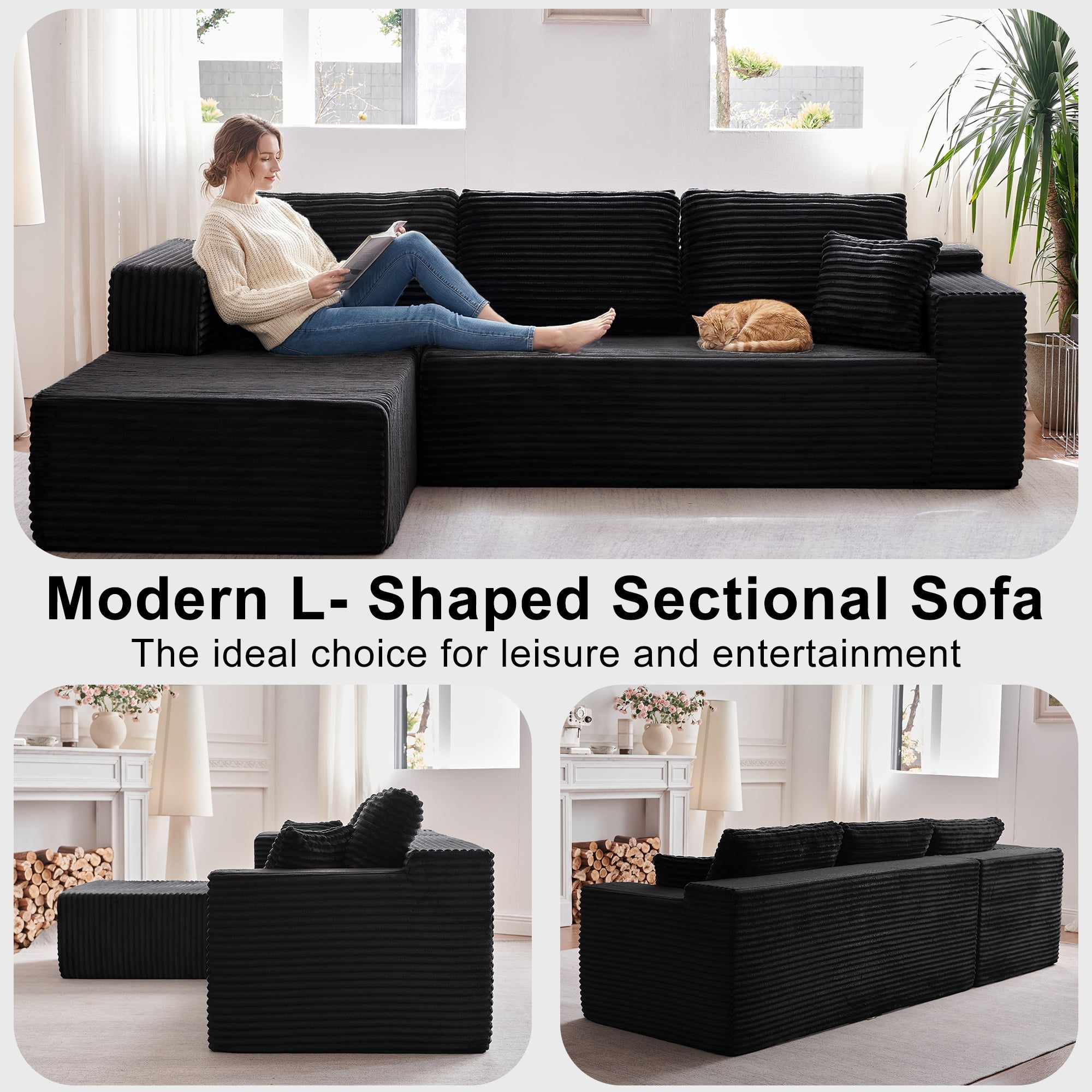 Actoroom 106" Modular Sectional Couch, L-Shape Boneless Cloud Couch, 4 in 1 Convertible Upholstered Sofa for Living Room, Black
