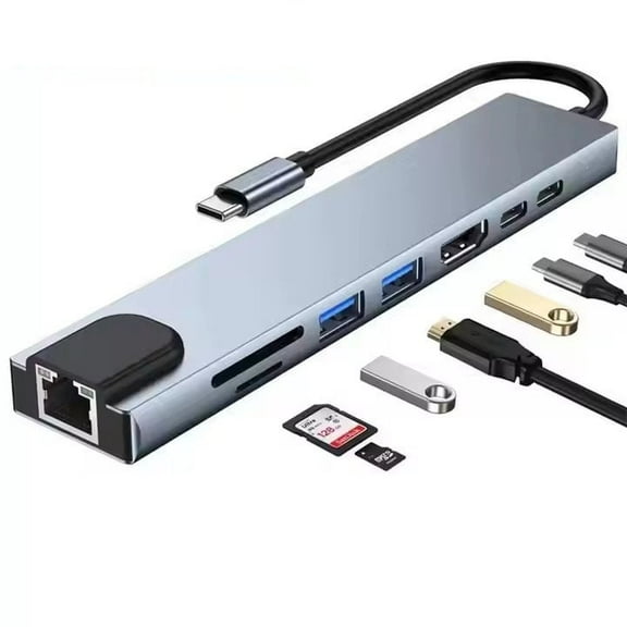 8in1 SD/TF card reader, USB3.0 USB2.0，One TypeC data port, 100Mbps Ethernet port, HDMI4K HD, PD100W power supply C port