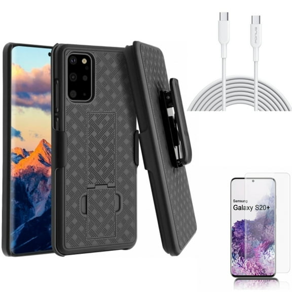 Screen Protector w 10ft Long Type-C Cable w Case Belt Clip for Samsung Galaxy S20 Plus - Tempered Glass [Fingerprint Unlock] 3D Curved Edge, Fast Charger Cord PD Power, Holster fits Galaxy S20 Plus