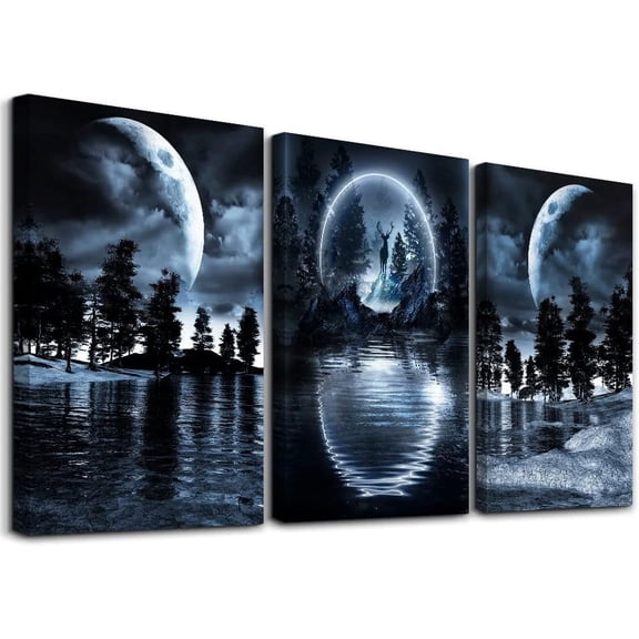 3 Piece Set Framed Canvas Wall Art For Living Room Fashion Wall Decor For Bedroom Moonlight Forest Scenery Wall Paintings Wall Decorations For Office Poster Wall Pictures Artwork Room Home Decor