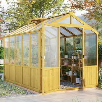 Outdoor Greenhouse, 8x6FT Heavy Duty Wooden Greenhouse with