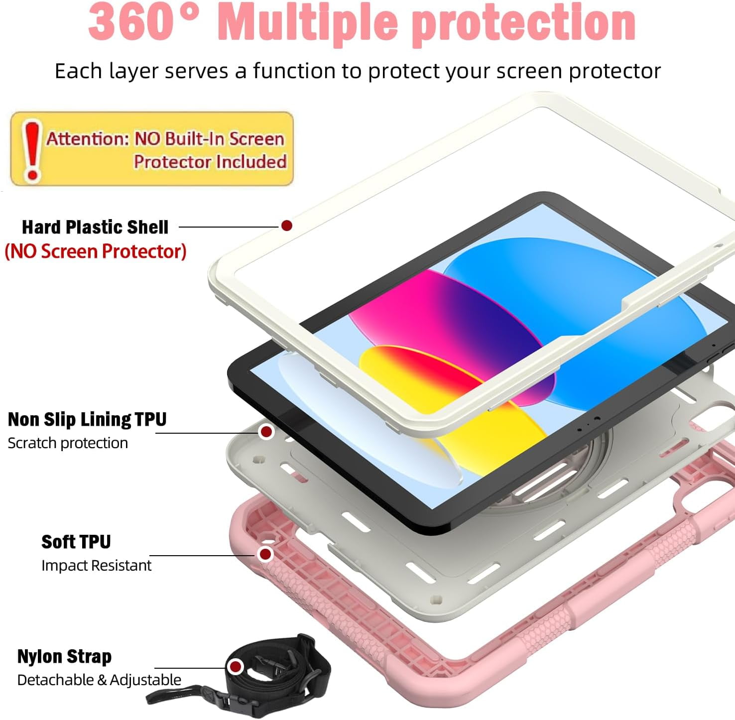 BMOUO Case for iPad (A16) 11th Generation 11" 2025/iPad 10th Generation 10.9 inch 2022, 360 Rotating Stand & Pencil Holder & Hand & Shoulder Strap Shockproof iPad 11th/10th Generation Case, Pink