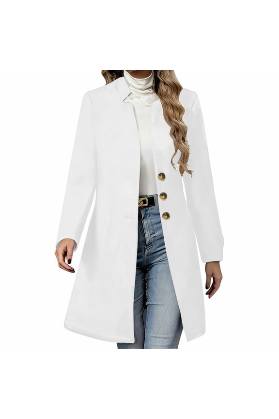 Womens Long Woolen Coat Notched Collaress Dressy Casual Trench Coat Mid Length Warm Winter Jackets with Pockets (L, White)