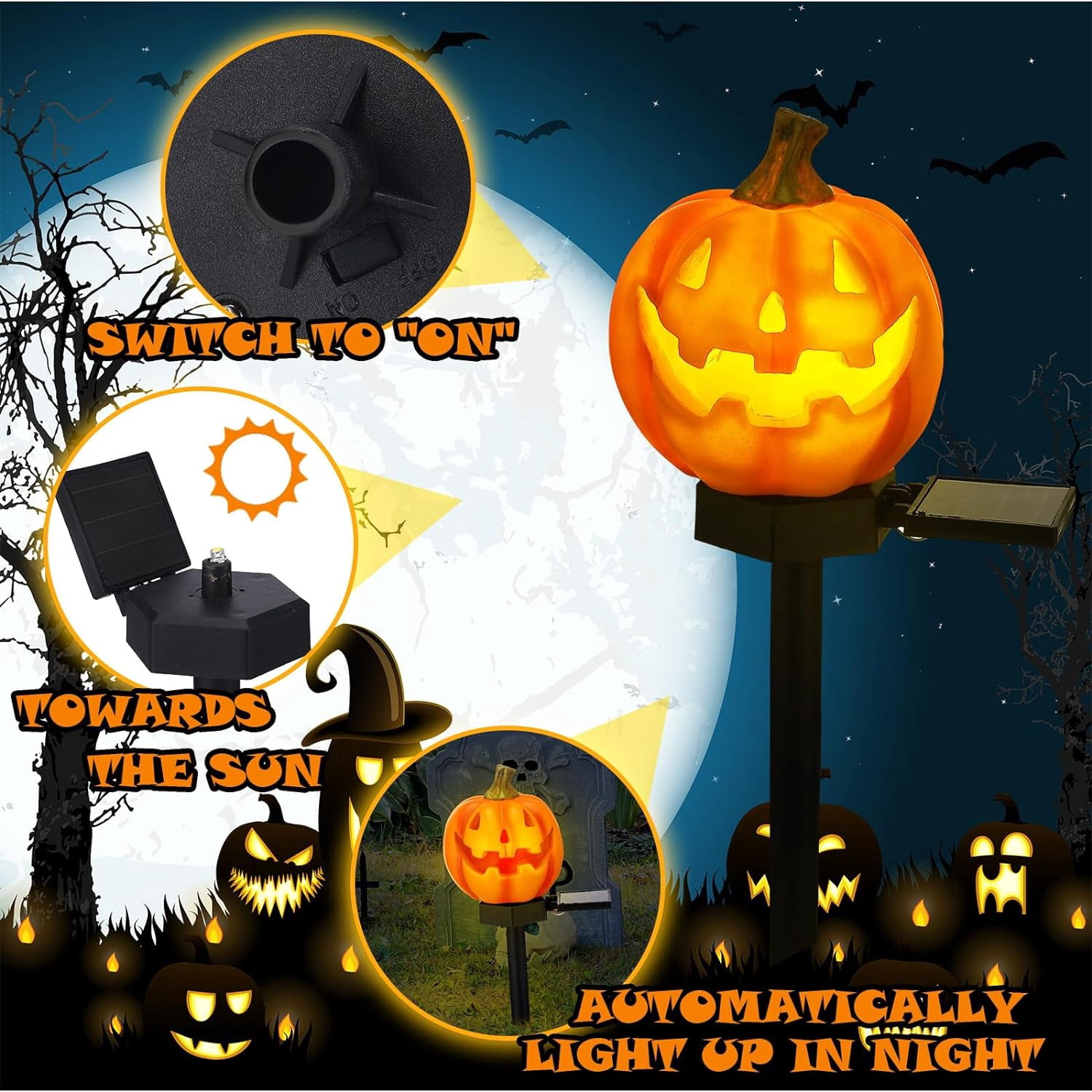 2 Pcs Halloween Solar Pumpkin Stake Lights Outdoor Halloween Pumpkin Pathway Lights Decorations Waterproof Pumpkin Stake Lamps for Garden Balcony Yard Lawn Pathway Home Party Decoration
