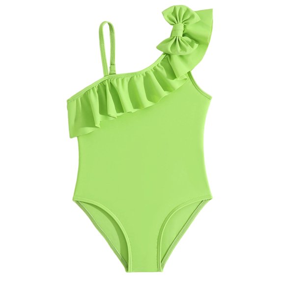 Lullu Girls Bow Ruffle One Shoulder One-Piece Swimsuit UPF50 Cute Bathing Suit, Sizes 3-7