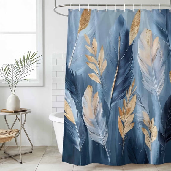 Blue Gold Feather Waterproof Fabric Shower Curtain,Modern Oil Painting Gradient White Waterproof Fabric Shower Curtain for Bathroom Curtains Bathtubs Shower Curtains with 12 Hooks Extra Long 72x96