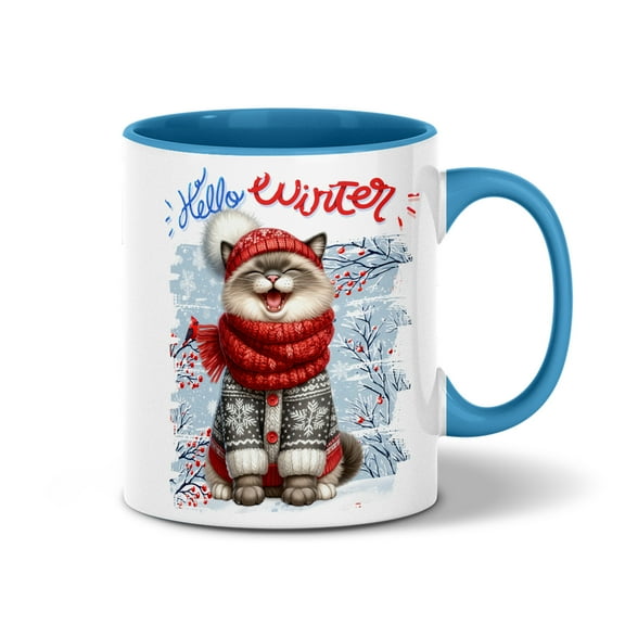 Hello Winter Siamese Smiling in Red Scarf Hat Welcome Christmas 11oz Accent Two-tone Mug Cat Lover Kitten Owner Gifts Coffee Tea Cup - 00017