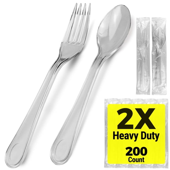 [200 Count] 2X Heavy Duty Clear Plastic Forks and Spoons Set Individually Wrapped, 100 Count Forks and 100 Count Spoons Disposable Silverware Set, Perfect for Event Catering, Party, and Take out.