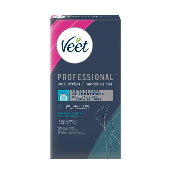 Veet Professional Legs & Body Wax Strips with Almond Oil, Sensitive Skin, 20 count + 2 wipes