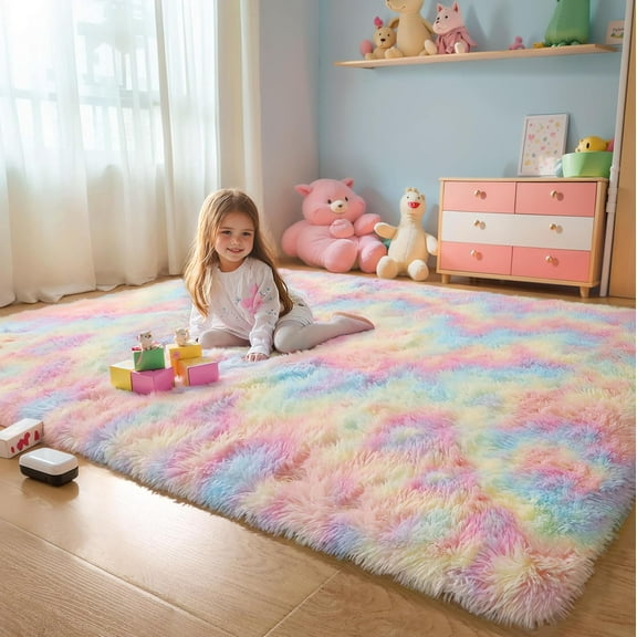 Rainbow 4x6 Kids Unicorn Rugs for Girls Bedroom, Soft Fluffy Shaggy Shag Washable Non Slip Fuzzy Plush Area Rug for Living Room, Pastel Princess Throw Furry Carpet for Nursery Baby Boys Dorm Playroom