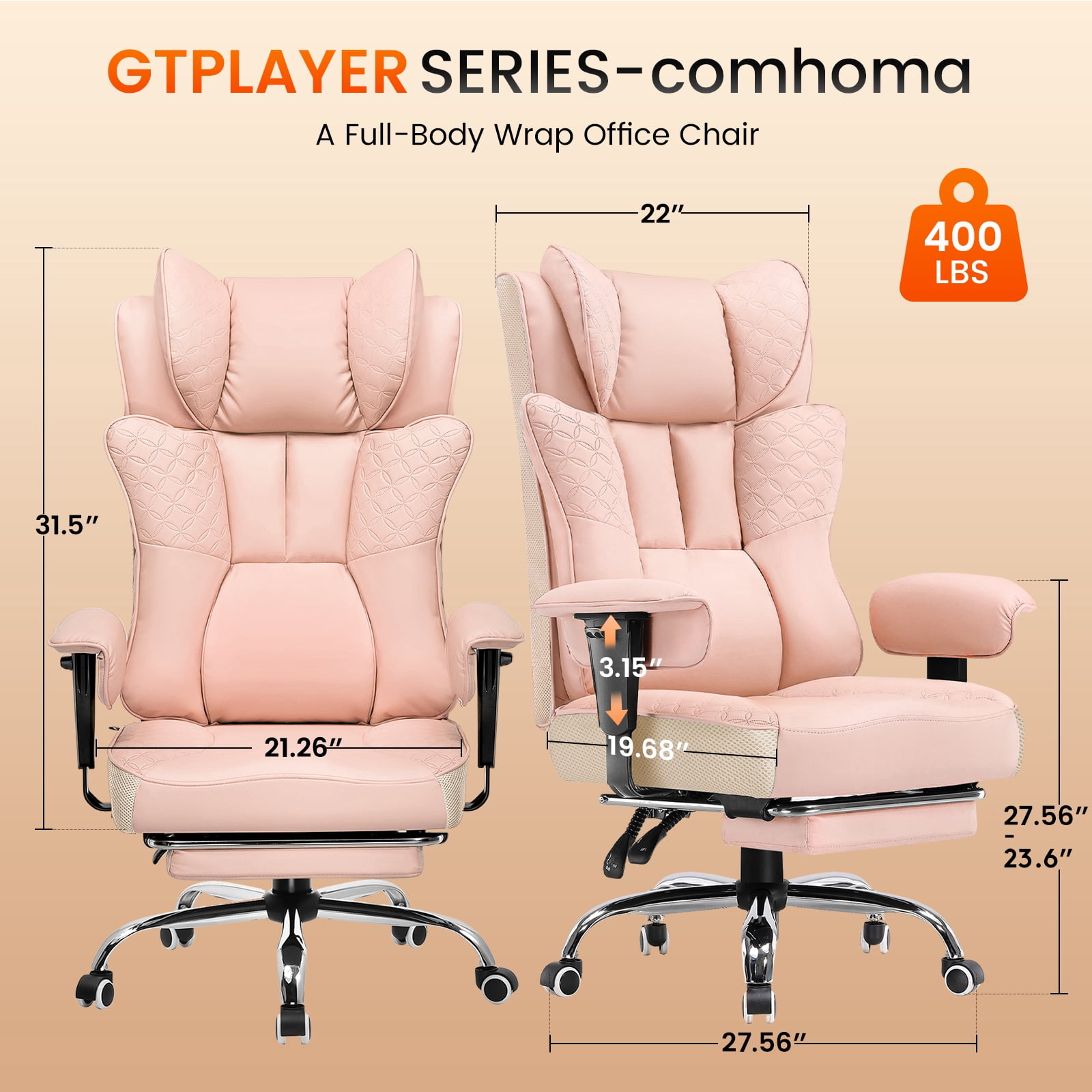 CloudRest Pro 400lbs Executive heavy duty office chair, High Back Ergonomic Computer Desk Chairwith Lumbar Back Support, Pink