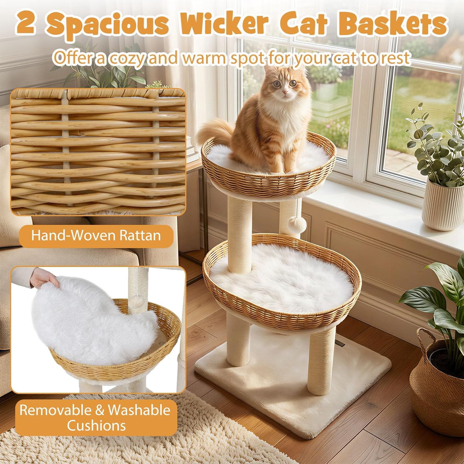 Hejuchuangli 30-inch Small   Cat Tree, Multi-Level Cute Cat Tower with Sisal Scratching Posts, 2 Comfy Large Perches with Soft Removable Pads, and Hanging Ball, Ideal for Indoor Cats and Kittens