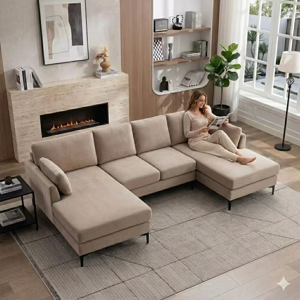 Howcool 106" U-Shaped Sectional Sofa, 4 Seat Modular Couch with Double Chaise, Polyester Blend Upholstered Modern Living Room Furniture with Metal Legs, Khaki