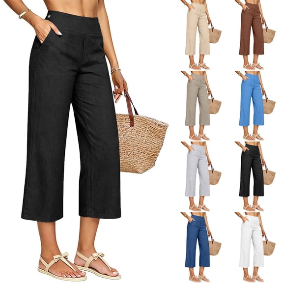 Capris for Women Plus Size Summer Wide Leg Linen Pants with Pockets Cotton Boho Loose Fit Dressy Womens Capri Black XL