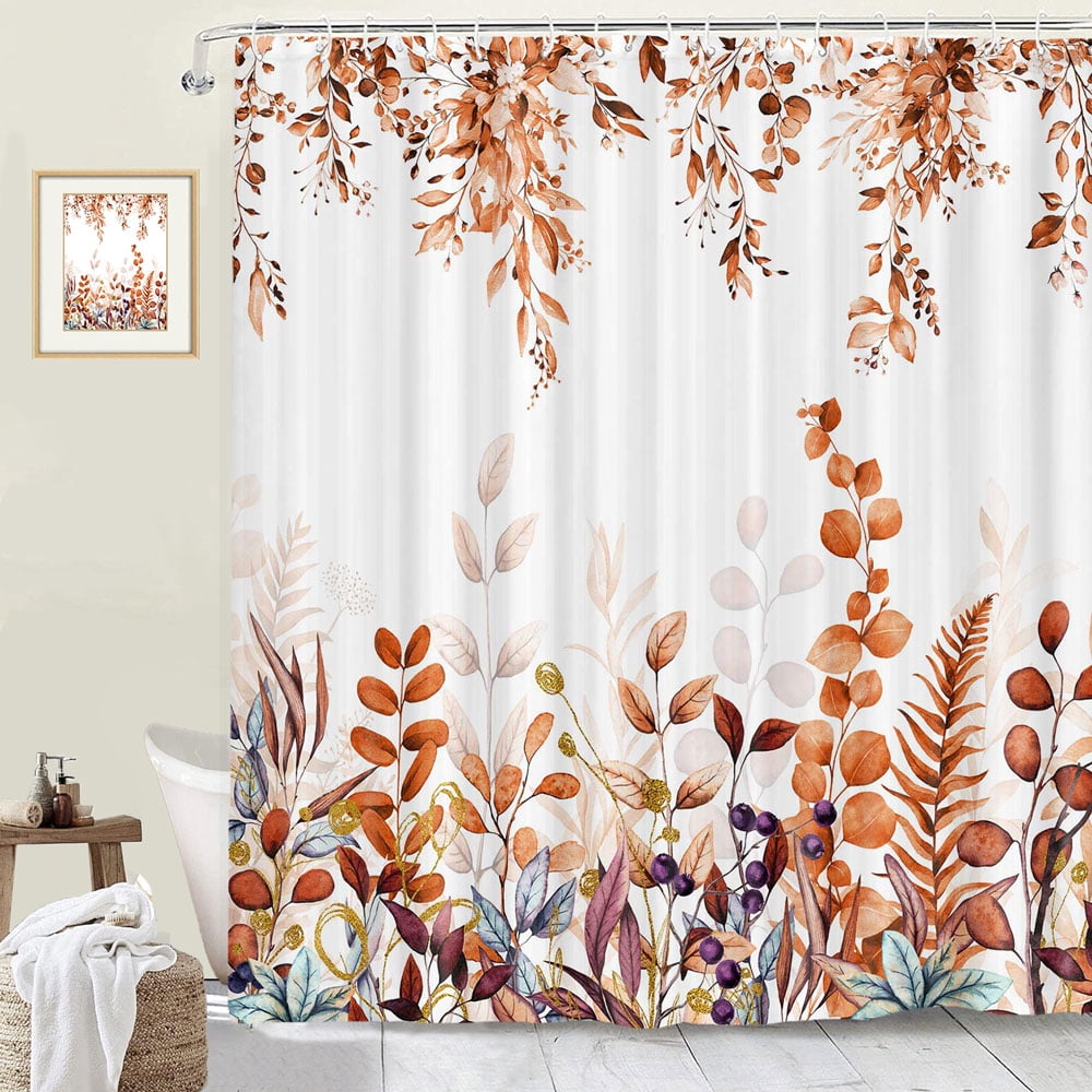 Autumn Fall Shower Curtain for Bathroom, Orange Eucalyptus Leaves Botanical Fabric Shower Curtain Sets, Thanksgiving Nature Plant Waterproof Bath Accessories Decor with Hooks, 72X72in