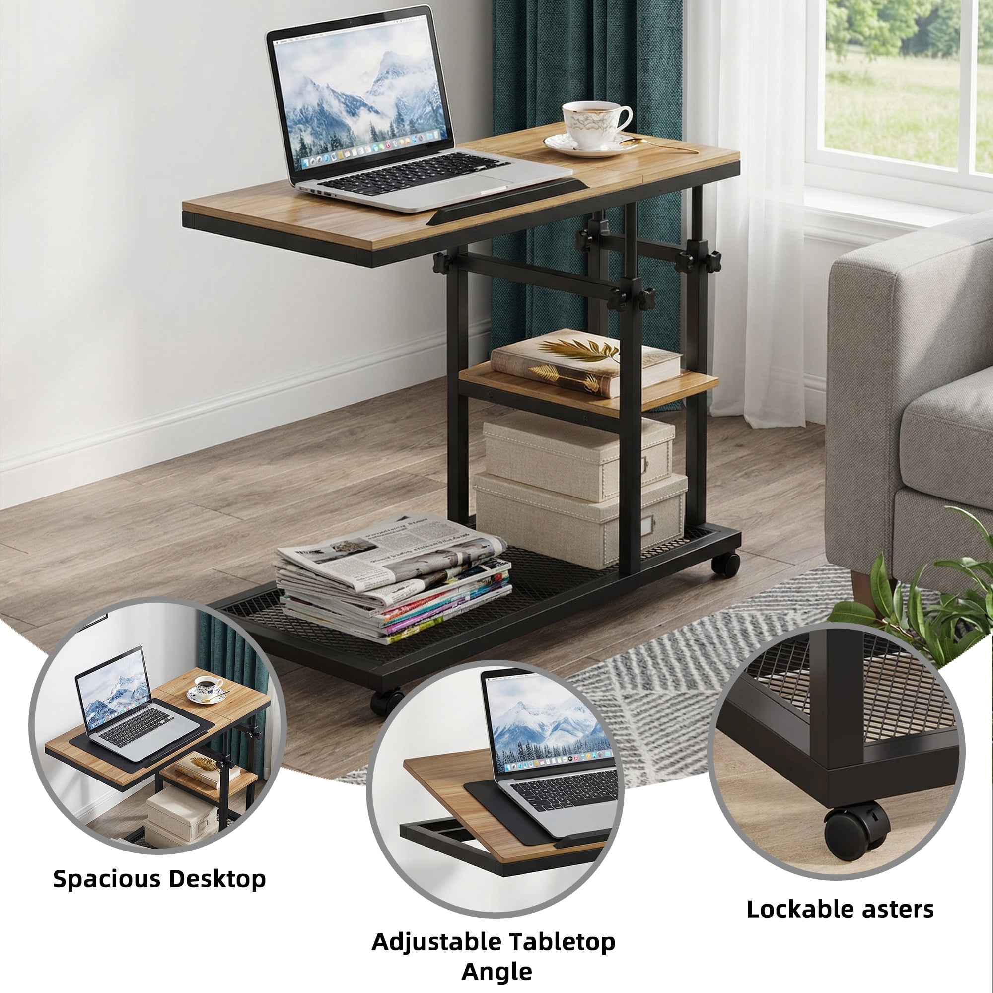 MAYEETY Height Adjustable C Table with Wheels Tiltable Top 2-Tier Sofa Snack Side Table