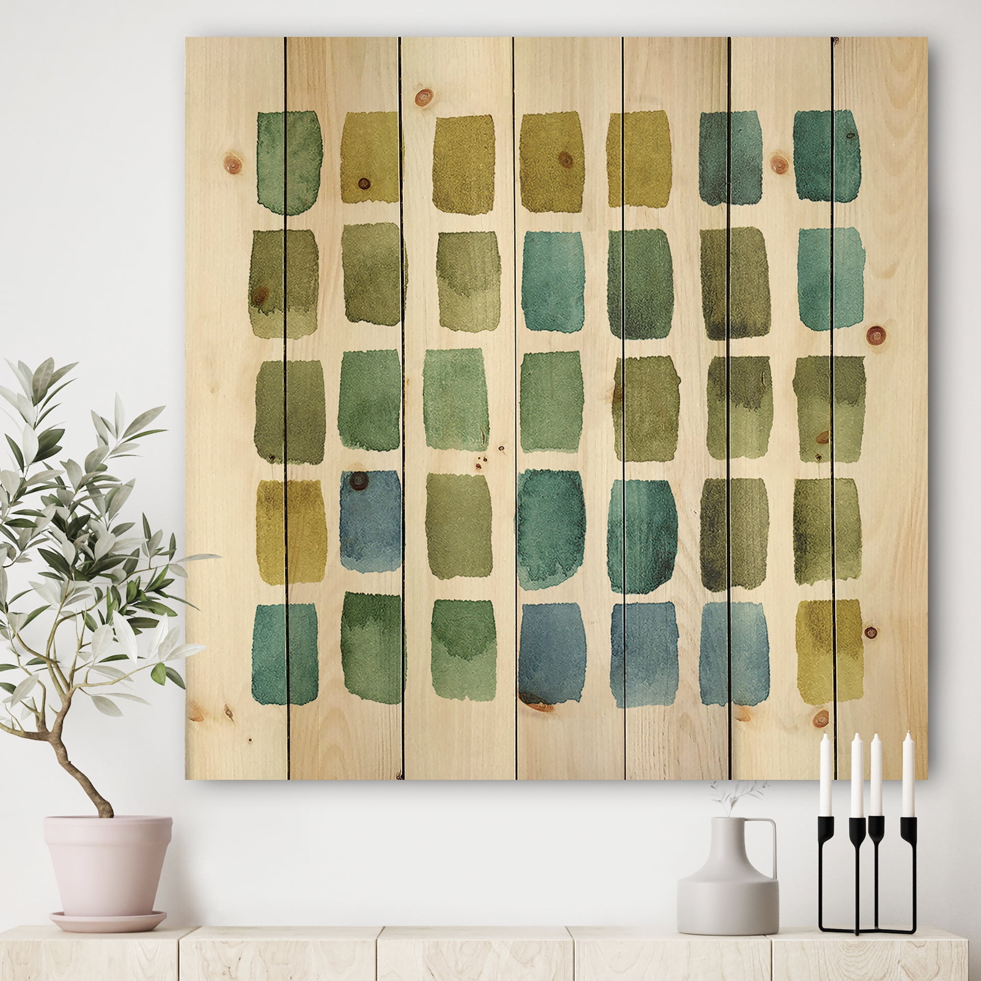 Designart 'Geometric Maze of Blue And Green' Transitional Print on Natural Pine Wood