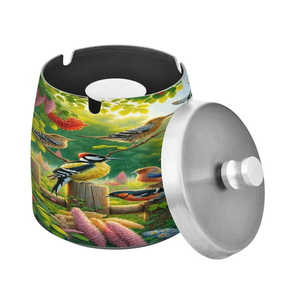 Outdoor Ashtray with Lid for Cigarette Stainless Steel Smokeless Ash Tray for Patio Home Table Decor Birds Play in Forest
