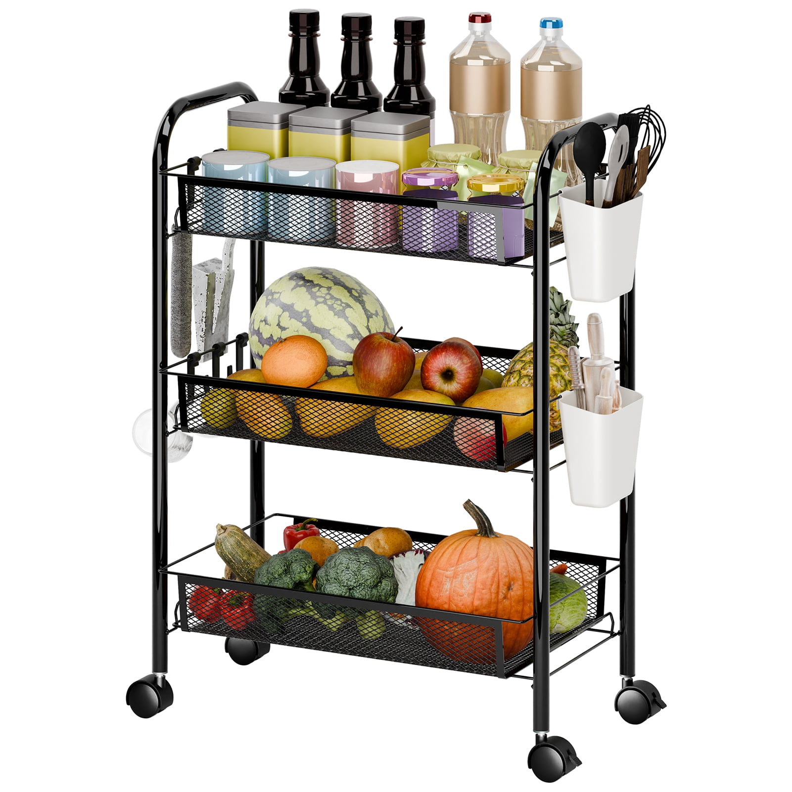 Fruit Vegetable Storage Basket, 5 Tier Stackable Metal Mesh Storage Basket with 360 Degree Wheels, Fruit Vegetable Produce Basket Storage Organizer for Kitchen, Pantry, Bathroom-3-Layers,Black
