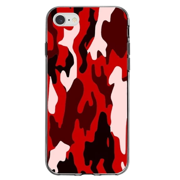 DistinctInk Clear Shockproof Hybrid Case for iPhone 7 8 SE (2020 Model) 4.7" Screen TPU Bumper Acrylic Back Tempered Glass Screen Protector - Red Black Camouflage - Camouflage Pattern