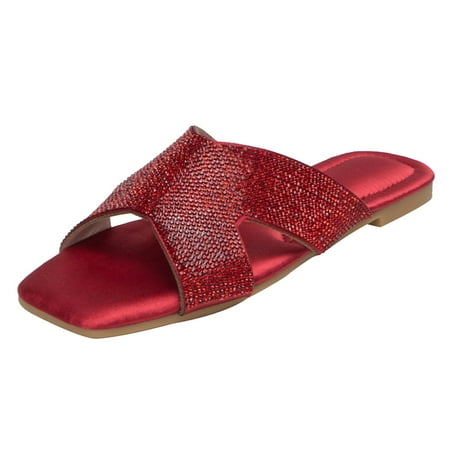 

Sandals Women Fashion Flat Casual Rhinestone Hollow Out Slippers Outdoor Elegant Solid Color Plus Size Sandals Light Women Shoes