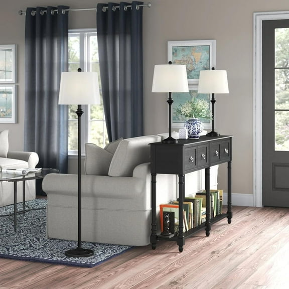 Maxax 3 Piece Lamp Sets, Black 3 Pack Buffet Table Lamps and Floor Lamp, Traditional Lamp Set of 3 with White Fabric Lamp Shade for Living Room, Bedroom, Study Room