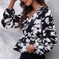 thumbnail image 2 of White Flowers on Black, Ruffled Hem, Size M Floral V-Neck Long-Sleeve Wrap Blouse, 2 of 6