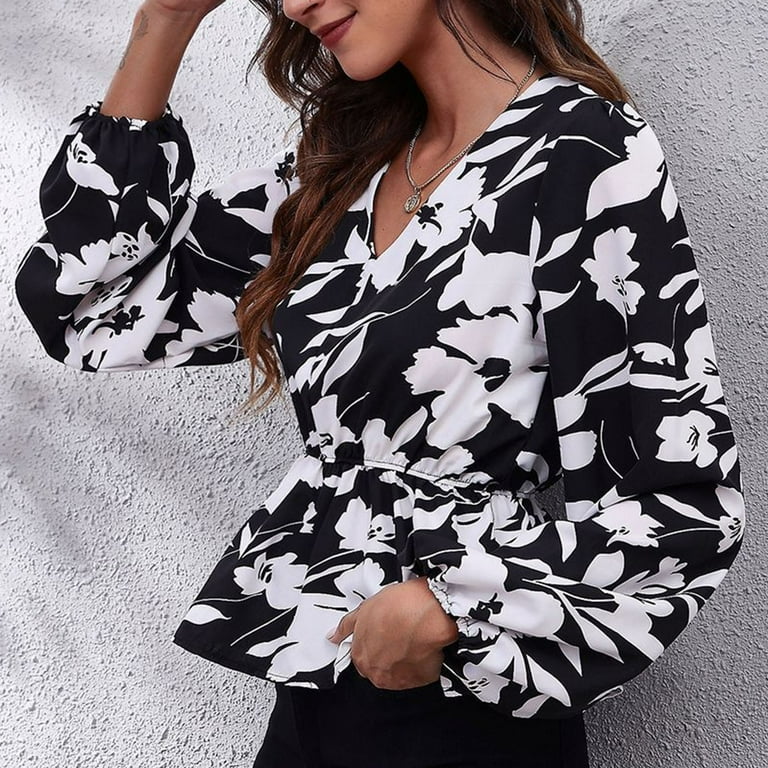 White Flowers on Black V Neck Lantern Sleeve Blouse with Ruffle Hem Wrap Style Size L Floral Chic Walmart